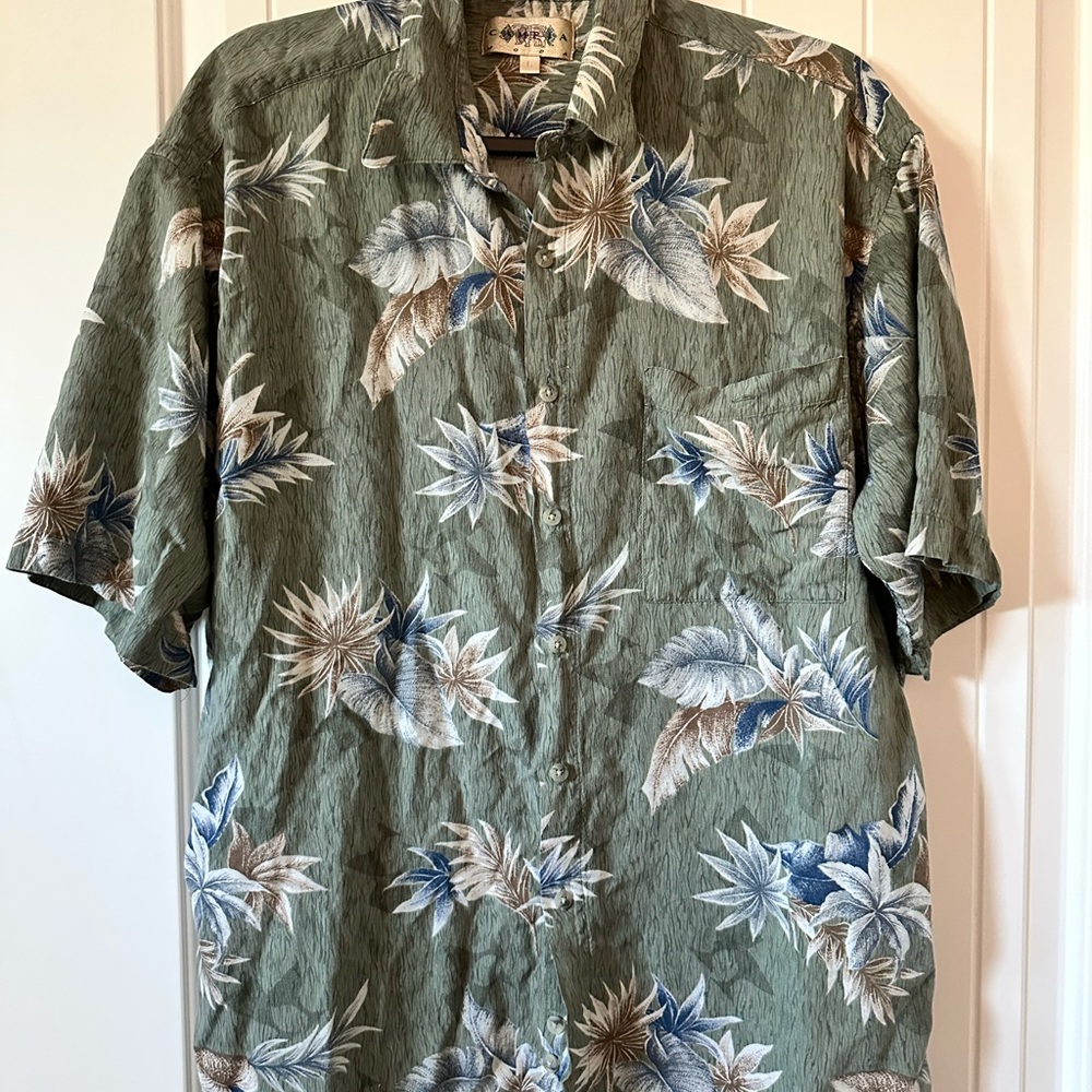 Men's Campia Green and Blue 100% Rayon Hawaiian Button Down Shirt Size Large